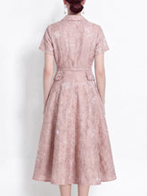Load image into Gallery viewer, Pink Jacquard Elegant Embossed Floral Shirt Dress with Belt