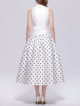 Load image into Gallery viewer, White Polka Dot Sleeveless Shirt Dress with Belted Waist A-Line Midi Dress