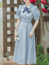 Load image into Gallery viewer, Blue Peter Pan Collar Puff Sleeve Fall 1950S Flower Vintage Dress