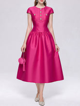 Load image into Gallery viewer, Women’s Fuchsia Satin Cap Sleeve Cocktail Midi Dress with Gold Buttons