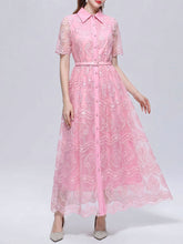 Load image into Gallery viewer, Beige Embroidered Lace Collared Shirt Dress with Belted Waist Short Sleeve Midi Dress