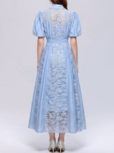 Load image into Gallery viewer, Pink Floral Lace Puff Short Sleeves A-Line Midi  Shirt Dress