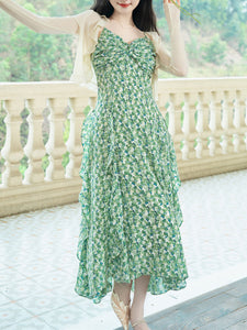 Green Floral Print Ruffles Spaghetti Strap Dress With White Cardigan