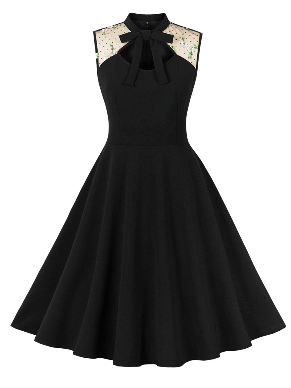 Black Semi Sheer Lace Embroidered Sleeveless 1950S Vintage Dress