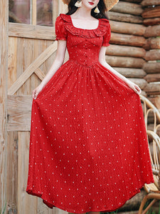 1950S Vintage Red Polka Dots Square Collar Swing Dress