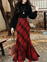 Load image into Gallery viewer, 2PS Black Sweater And Red Plaid Fishtail Skirt 1950S Vintage Audrey Hepburn's Style Outfits