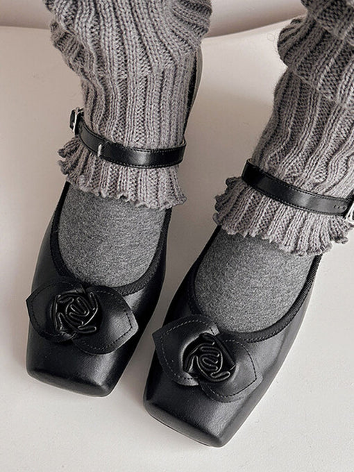 Women's Chunky Heels Square Toe Rose Vintage Ballerina Shoes