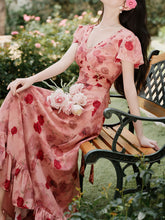 Load image into Gallery viewer, Pink V Neck Rose Print Vintage Dress