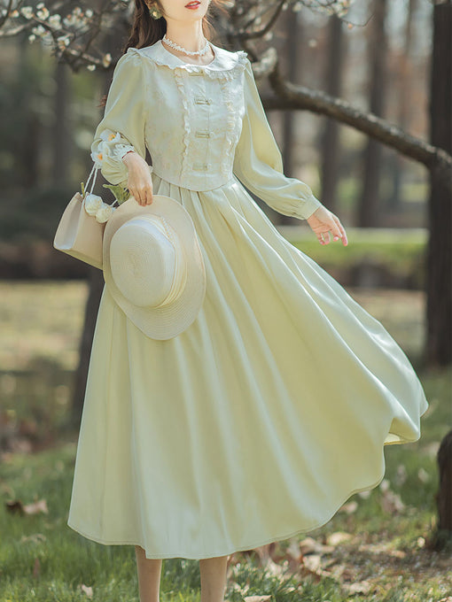 Green Peter Pan Long Sleeve Vintage 1950s Swing Dress