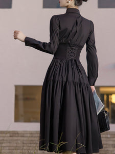 2PS Black Long Sleeve Ruffles Cottagecore Dress With Rose Vest Suits