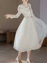 Load image into Gallery viewer, White Square Neck Lavender Embroidered Princess Sleeve Corset Vintage Dress