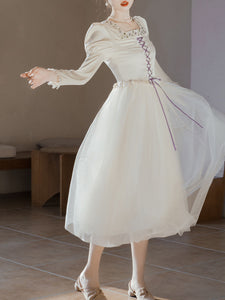 White Square Neck Lavender Embroidered Princess Sleeve Corset Vintage Dress