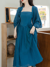 Load image into Gallery viewer, Blue Handmade Rose Spaghetti Strap Maxi Dress Prom Dress With Cardigan