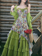 Load image into Gallery viewer, 2PS Boho Gypsy Floral Asymmetrical Maxi Dress Whimsical Green Crinkled Tiered Ruffle Dress for Festival
