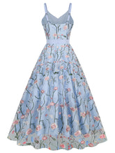 Load image into Gallery viewer, Baby Blue Semi Mesh Flower Embroidered Spaghetti Strap Sleeveless 1950S Swing Maxi Dress