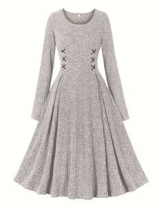 1950S Crew Neck Long Sleeve Knitted Lace-up Vintage Dress