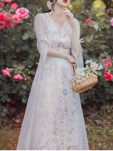 White Lace V Neck Off Shoulder Sleeve Vintage Dress