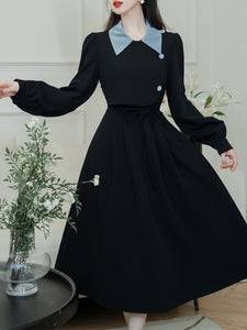 Black 1950S Windbreaker Dress With Blue Buttons