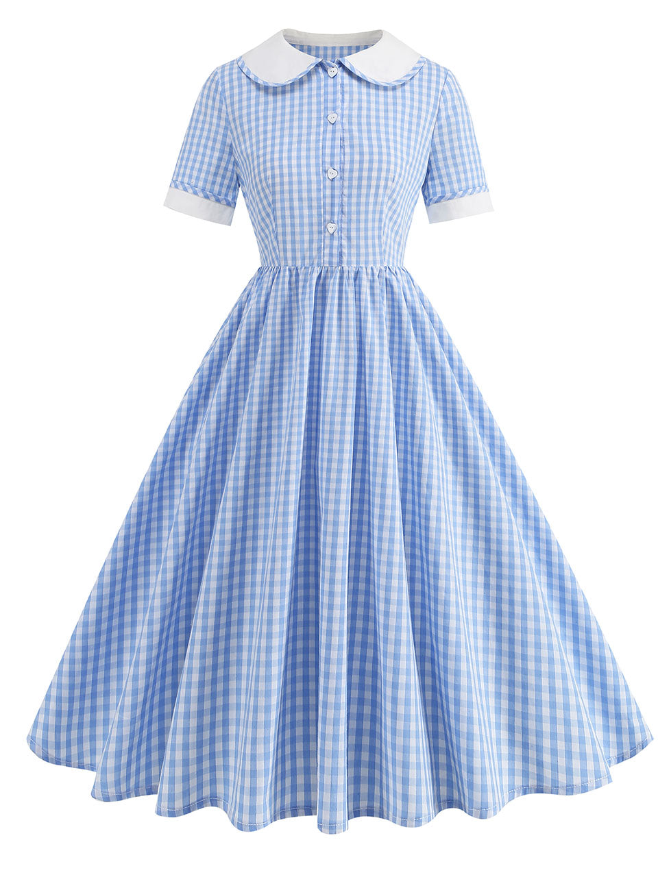Pink Peter Pan Collar Plaid Short Sleeve 1950S Vintage Swing Dress, Blue / L