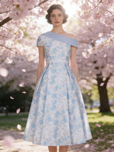 Load image into Gallery viewer, Baby Blue Luxury 3D Floral Brocade One Shoulder Cap Sleeve Vintage Party Gown
