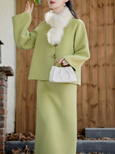 Load image into Gallery viewer, 2PS Green Round Long Sleeve Wool Coat With Swing Skirt Suit