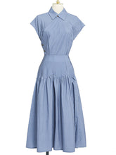 Load image into Gallery viewer, 2PS Blue Stripe Turn Down Collar Top And Swing Skirt Dress Suit
