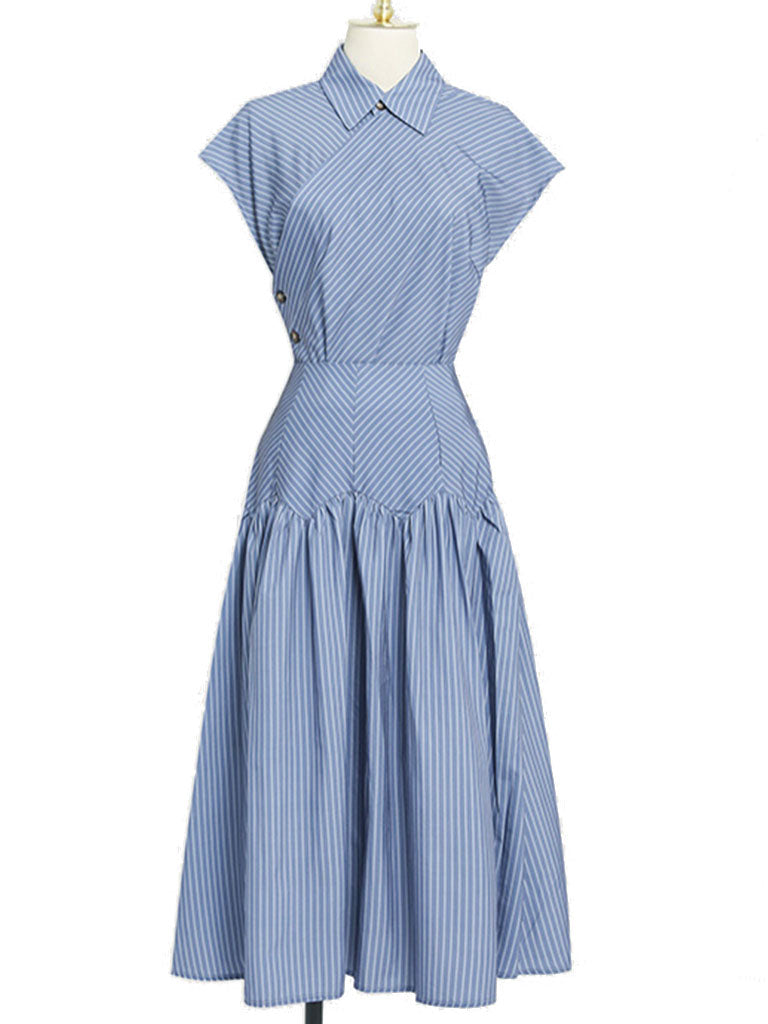 2PS Blue Stripe Turn Down Collar Top And Swing Skirt Dress Suit