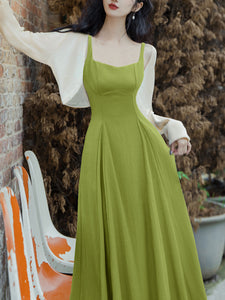 2PS Green Strap 1950S Vintage Dress With Long Sleeve Cardigan