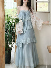 Load image into Gallery viewer, Blue Lace Spaghetti Strap Irregular Tiered Maxi Dress