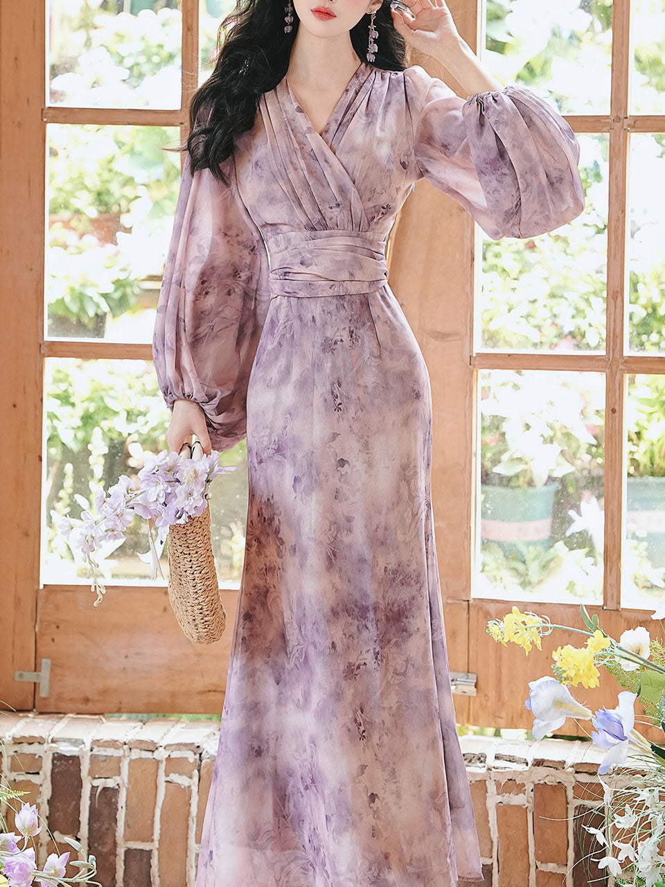 Purple Printed V-Neck Lantern Sleeve Mermaid Dress