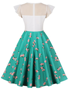 Green Butterfly Sleeve Floral Print 1950S Vintage Dress