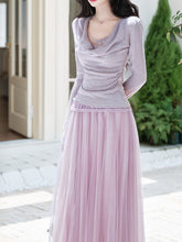 Load image into Gallery viewer, 2PS Purple Lace Long Sleeve T-shirt And Purple Swing Tulle Skirt Suits