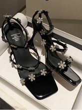 Load image into Gallery viewer, Women&#39;s Square Toe Flower Rhinestones Stiletto Sandals Leather Vintage Shoes