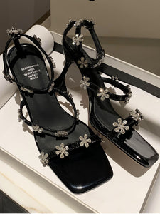 Women's Square Toe Flower Rhinestones Stiletto Sandals Leather Vintage Shoes