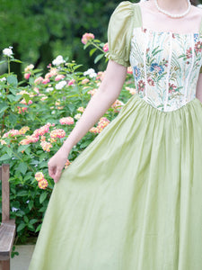 Green Square Collar Floral Print Corset Short Sleeve Vintage 1950S Dress