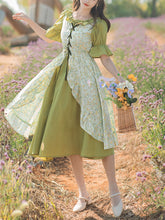 Load image into Gallery viewer, Green Ruffle Collar Floral Print Short Sleeve Vintage Dress