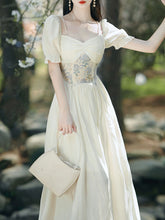 Load image into Gallery viewer, Apricot Lace V Neck Puff Sleeve Corset Edwardian Revival Dress