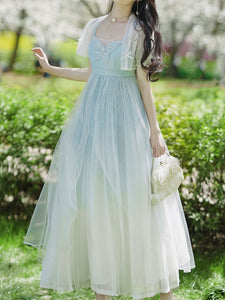 2PS Baby Blue Embroidered Butterfly Vintage Dress With Puff Sleeve Cardigan Suit