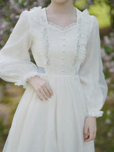 Load image into Gallery viewer, White Lace V Neck Long Puff Sleeve Ruffles Edwardian Revival Dress