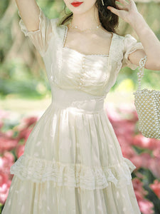 Apricot Square Neck Ruffle Short Sleeve Vintage Fairy Dress