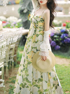 2PS Green Floral Print Spaghetti Strap Dress With White Shawl Dress Suit