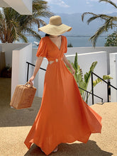 Load image into Gallery viewer, Women&#39;s Bohemian Orange Waist Cut Puff Sleeve Long Party Evening Gown A Line Summer Robe Maxi Dress