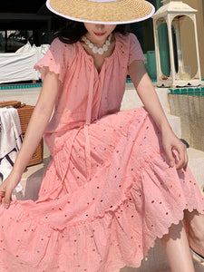Women's Bohemian Pink A Line Summer Embroidery Fabric Robe Maxi Dress