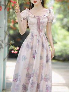 Purple Round Neck Ruffle Short Puff Sleeve Corset Vintage Fairy Dress