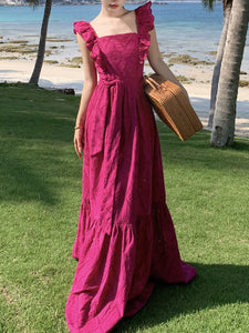 Women's Bohemian Rose Ruffles Sleeveless A Line Summer Embroidery Fabric Maxi Dress