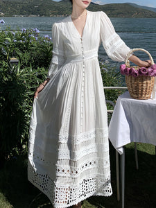 Women's Bohemian White V Neck Hollow Lace Maxi Boho Dress