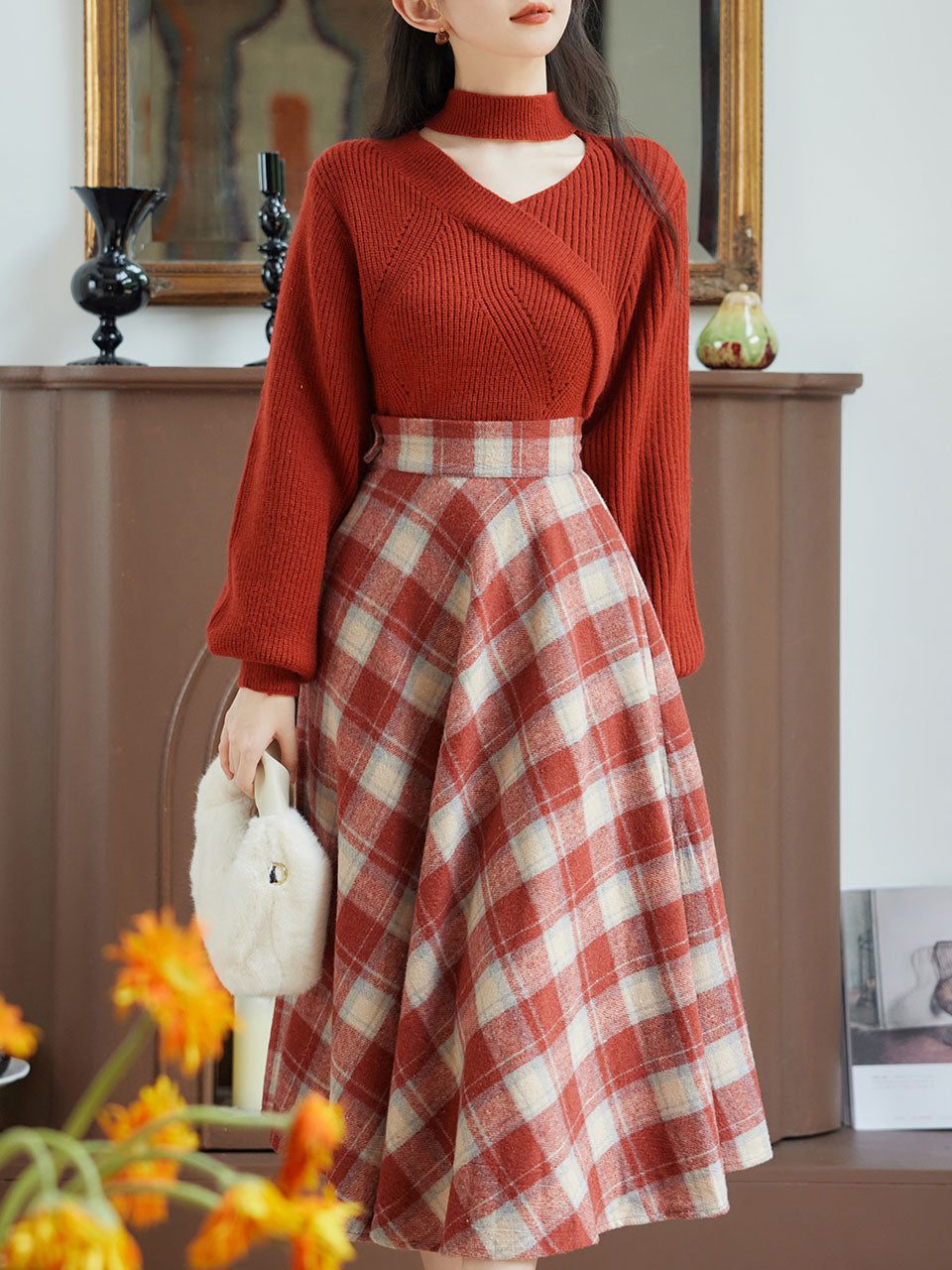 2PS Red Sweater And Scottish Plaid Swing Skirt 1950S Vintage Audrey Hepburn's Style Outfits