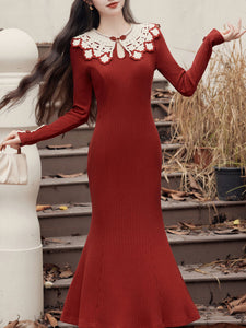 1940S Red High Waist Knitted Sweater Long Sleeve Vinatge Dress