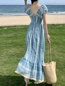 Women's Bohemian Blue Lace Puff Sleeve Summer Robe Maxi Dress