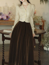 Load image into Gallery viewer, White Lace V Neck Top and Brown Velvet Swing Skirt Dress Set